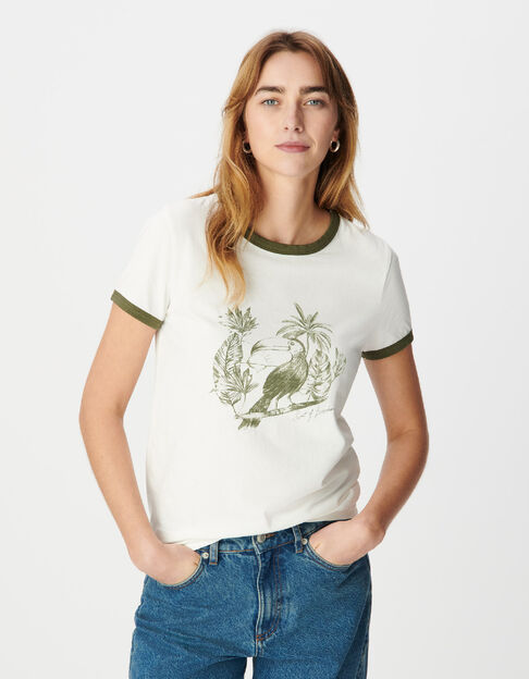 Ecru T-shirt korte mouwen vogel print kaki voor dames - IKKS