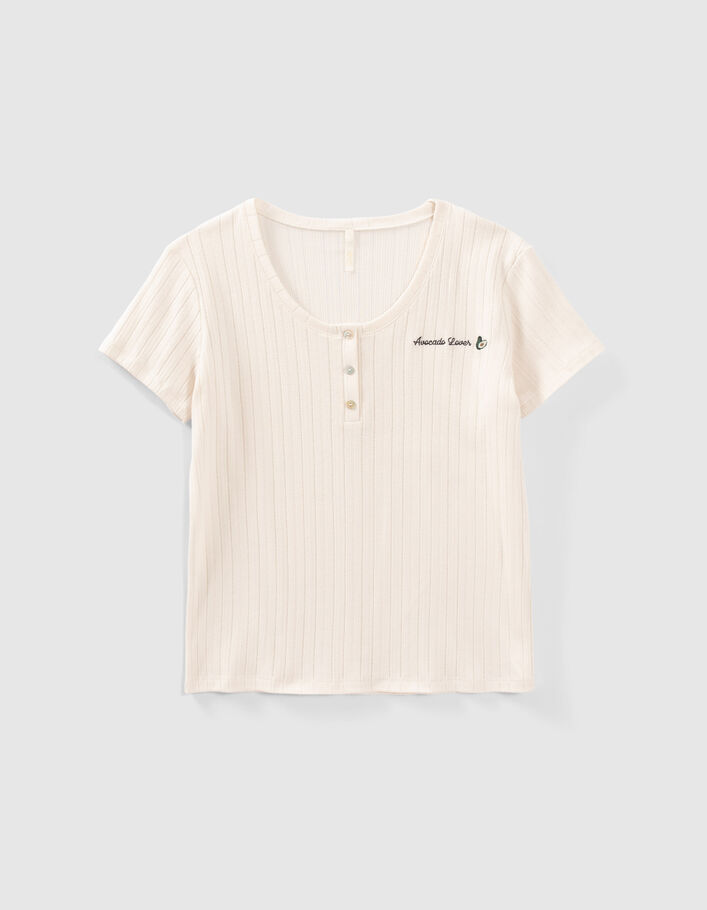Ecru T-shirt pointelle-tricot geborduurde tekst I.Code - I.CODE