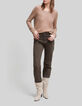 Sesamfarbener Damen-Strickpullover mit Lochmuster-6