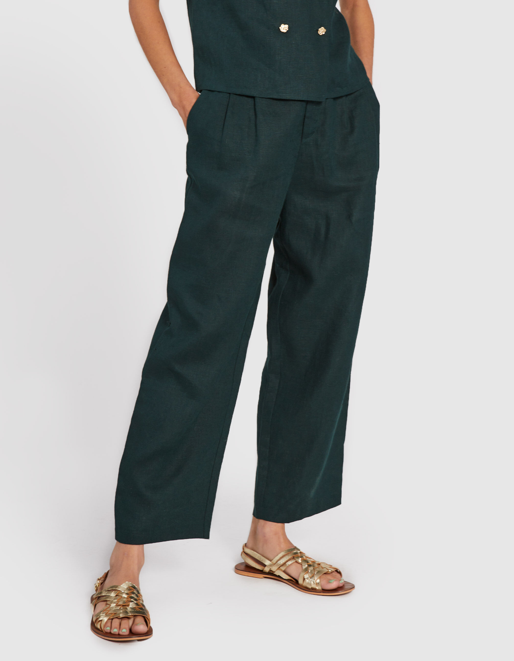 I.Code imperial green linen suit trousers