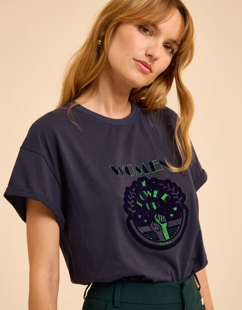 Marineblaues T-Shirt Schriftzug Samt Glitzer I.Code