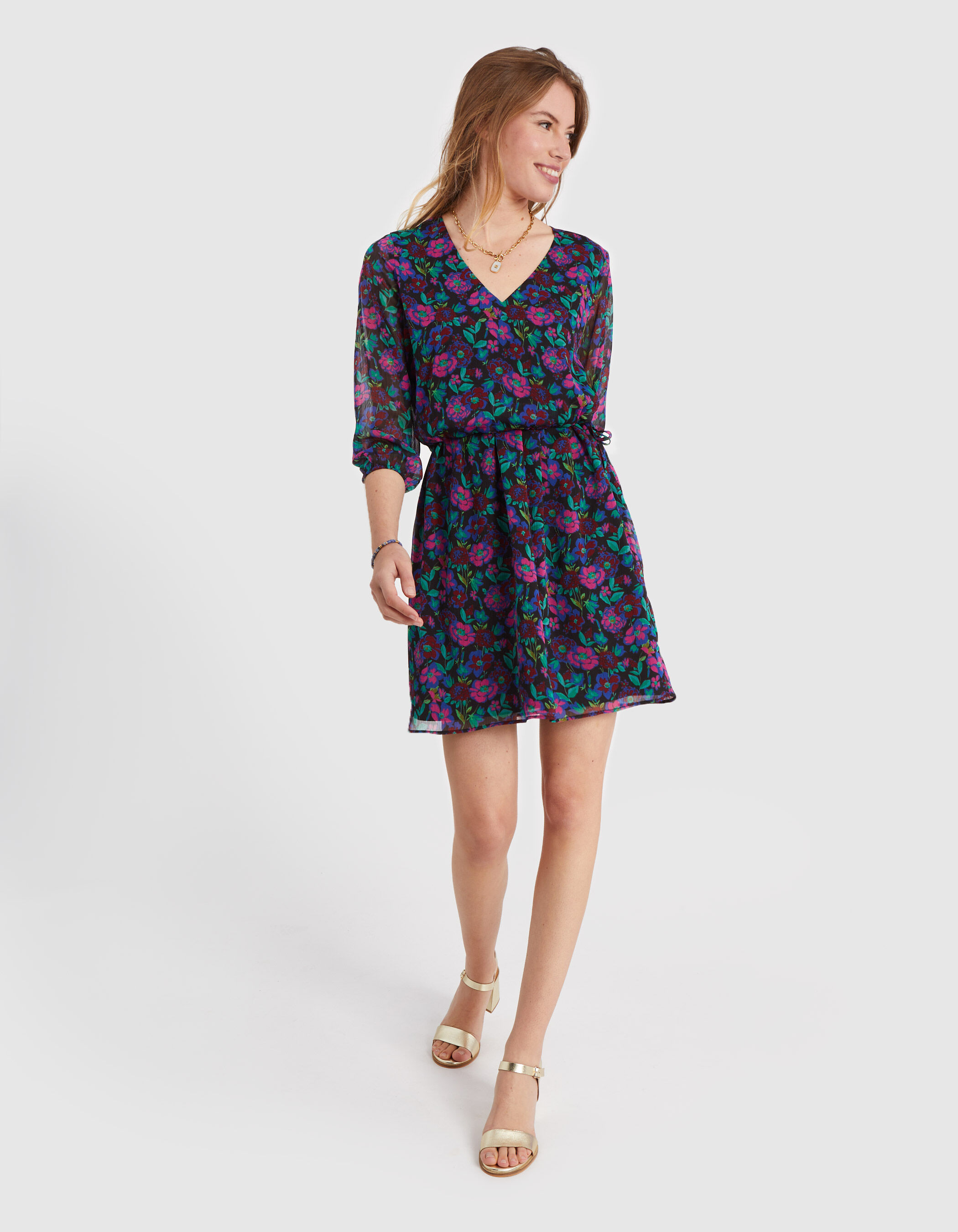 Robe framboise imprime floral color I.Code
