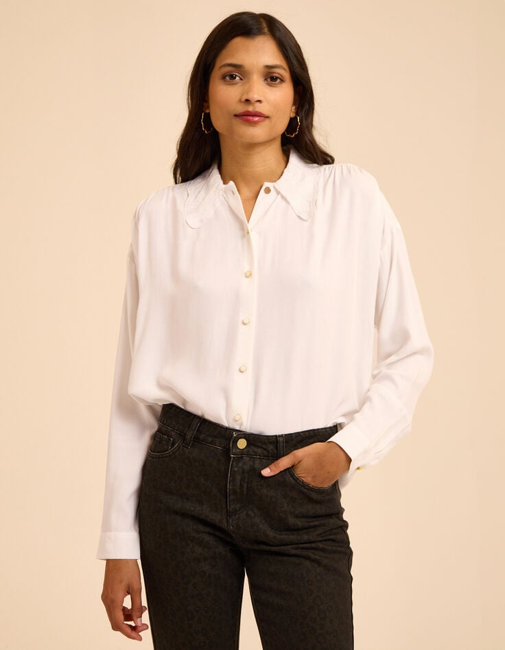 Ecru hemdblouse maxi geborduurde kraag I.Code-2 Ecru hemdblouse maxi geborduurde kraag I.Code-2