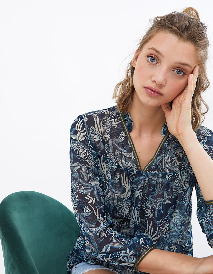 Blouse bleue imprimé tropical I.Code-1