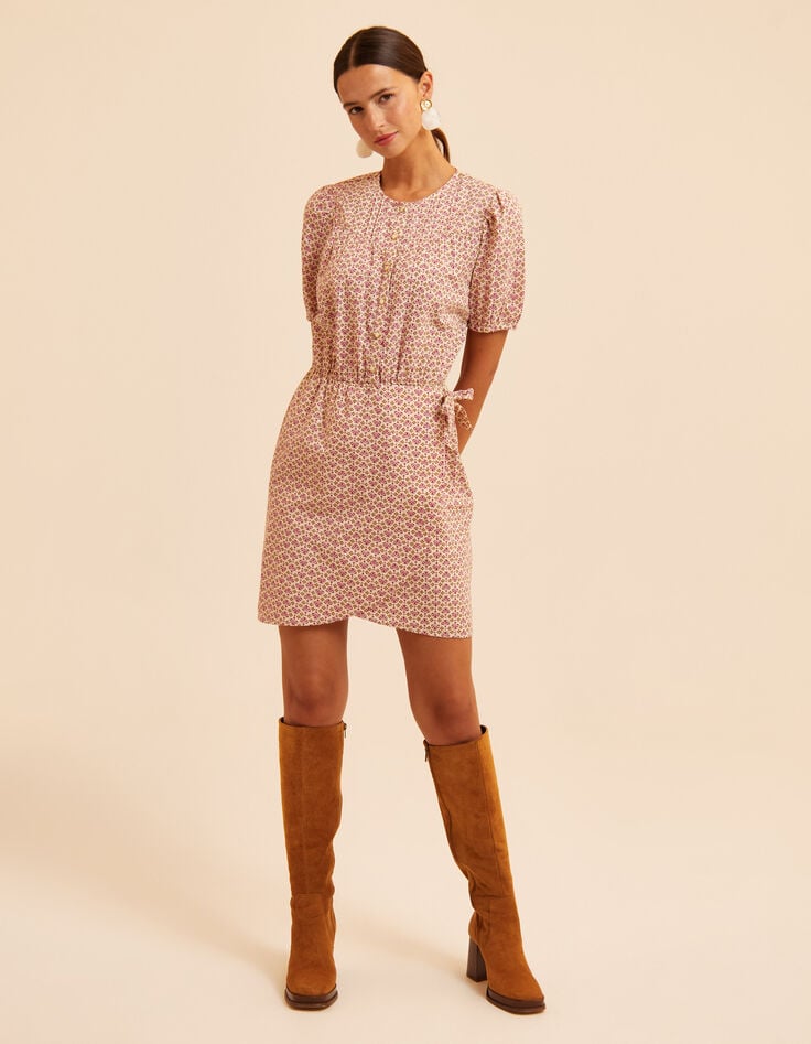 Robe écrue imprimé fleurs indiennes roses I.Code-3 Robe écrue imprimé fleurs indiennes roses I.Code-3