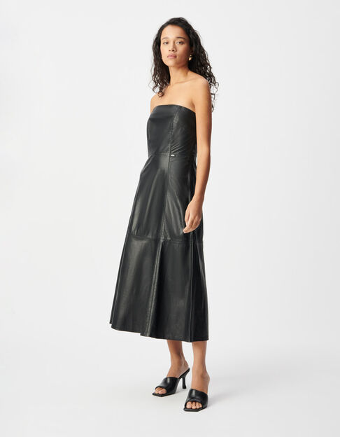 Schwarzes tr&auml;gerloses Midikleid aus Leder f&uuml;r Frauen - IKKS