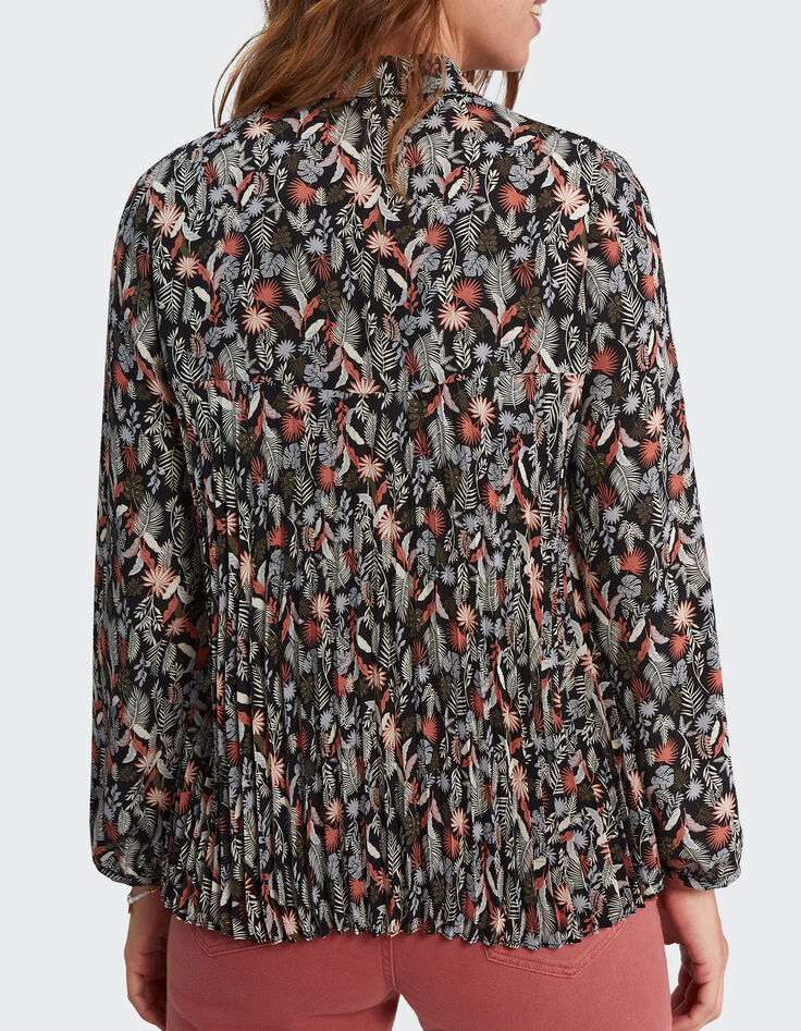 Zwarte hemdblouse plissé met plantenprint I.Code-3