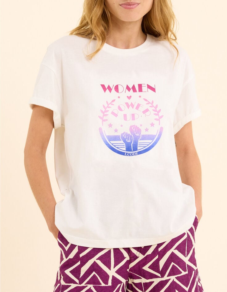 Weißes Kurzarm-T-Shirt mit Botschaft und I.Code-Fäusten-2 Weißes Kurzarm-T-Shirt mit Botschaft und I.Code-Fäusten-2