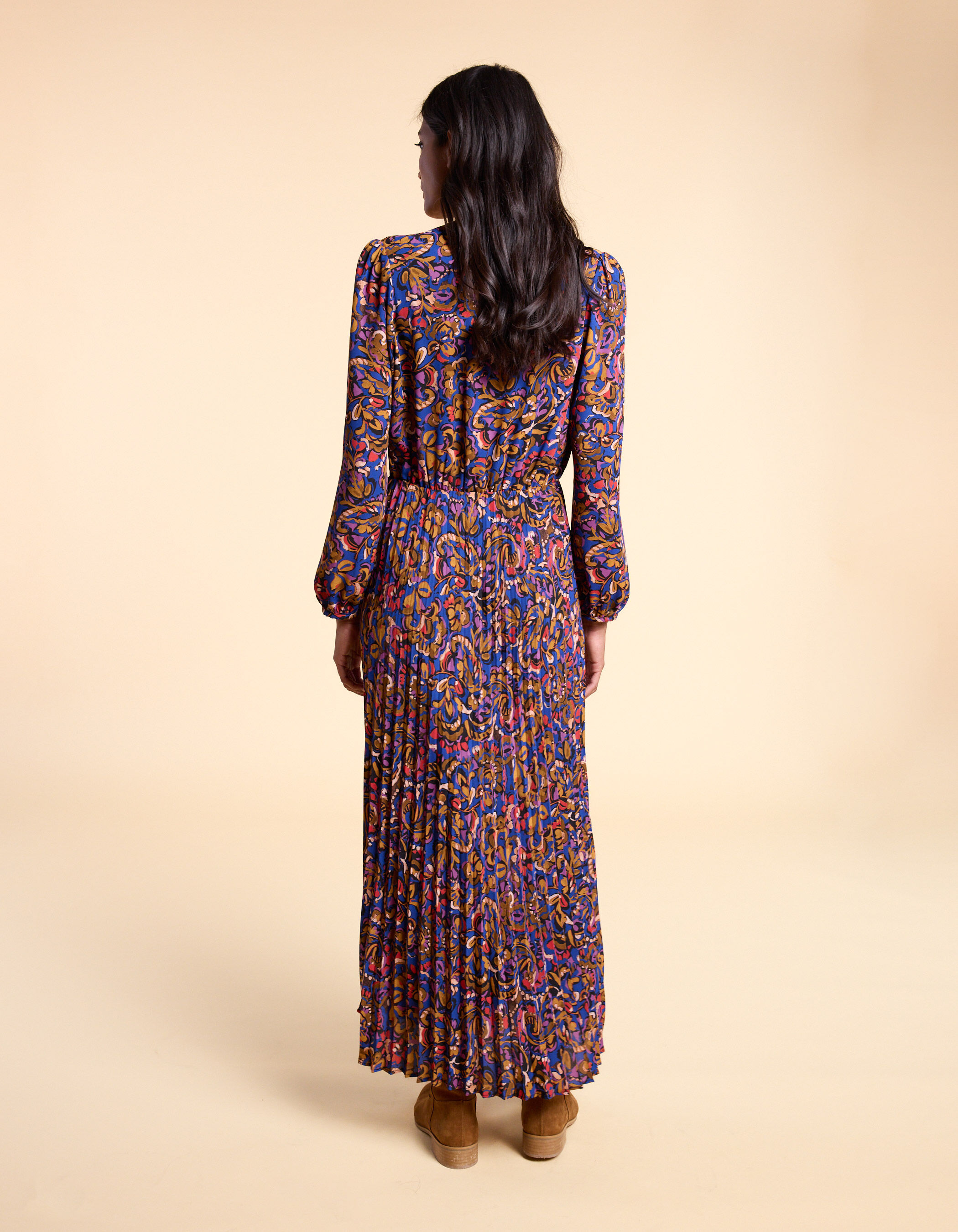 Vestido largo camel estampado cachemira multicolor I.Code