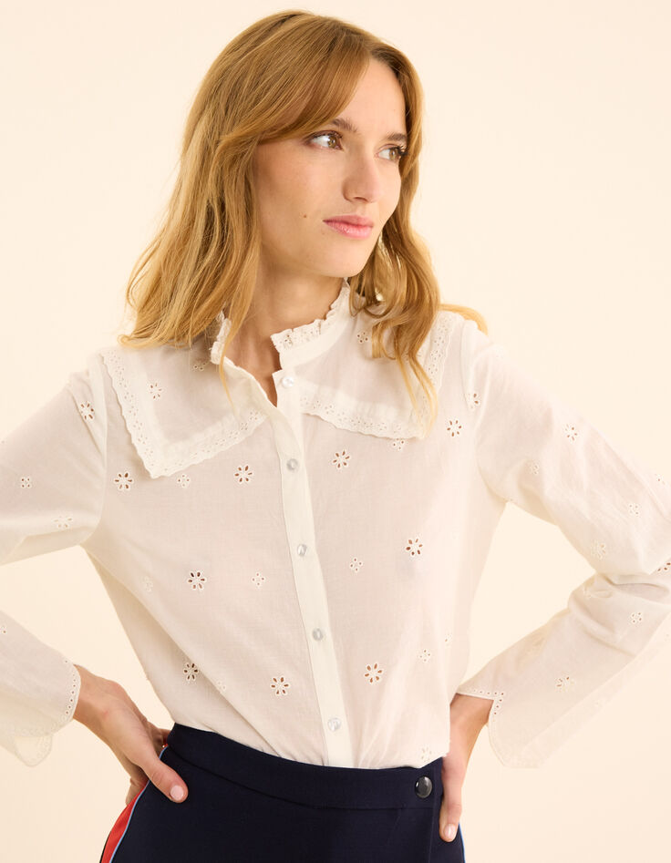 Ecru Bluse englische Stickerei genähter Kragen I.Code-1