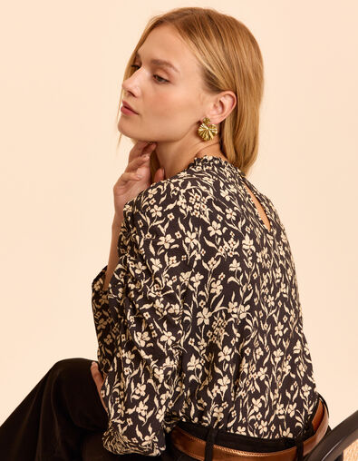 Zwarte blouse orchideeënprint I.Code
