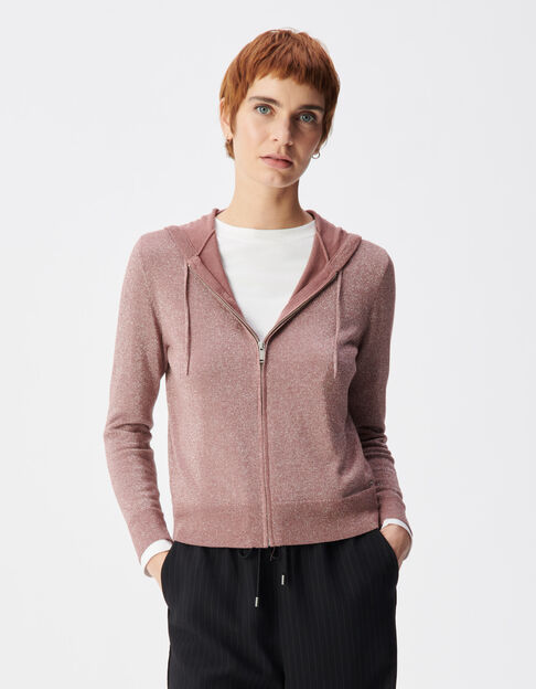 STRICKJACKE mit Kapuze burgunderfarbener Strick Lurex Fischgr&auml;ten R&uuml;cken Damen - IKKS