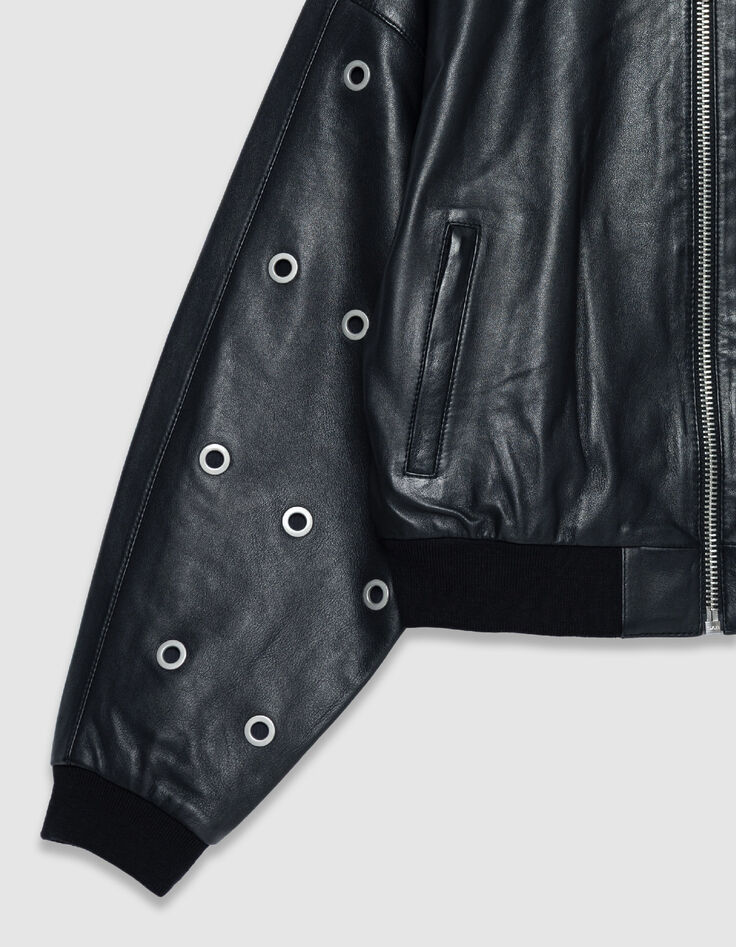 Schwarzer Lederbomber Damen maxi &Ouml;sen-Design-8