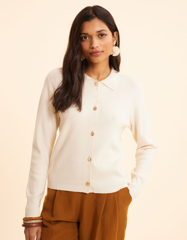 Ecru Strickjacke mit Polokragen I.Code-4