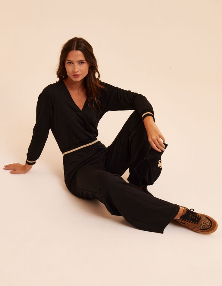 Combinaison-pantalon noire bords-côtes rayés I.Code-1 Combinaison-pantalon noire bords-côtes rayés I.Code-1