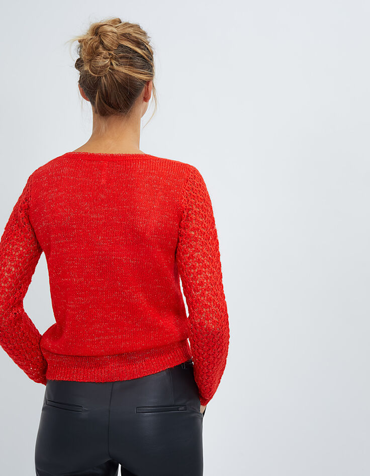 Pull rouge lipstick mohair mélangé à manches ajourées I.Code-3