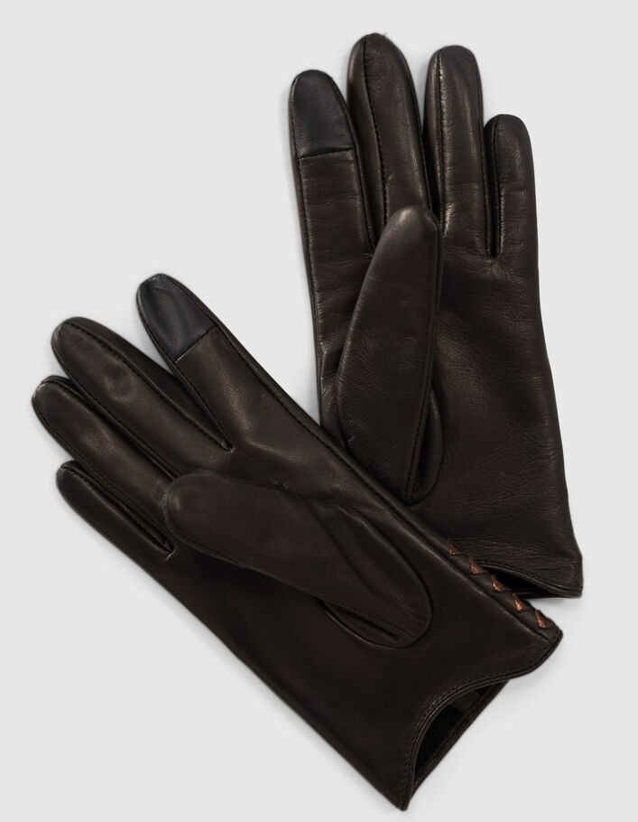 I.Code black leather gloves with brown weaving - I.CODE