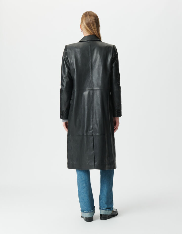 Schwarzer, langer Oversize-Damenledermantel-2