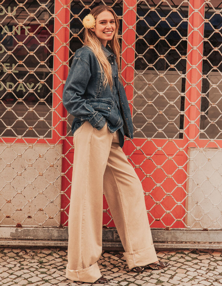Beigefarbene Jeans mit hoher Taille und weitem Bein f&uuml;r Damen-6