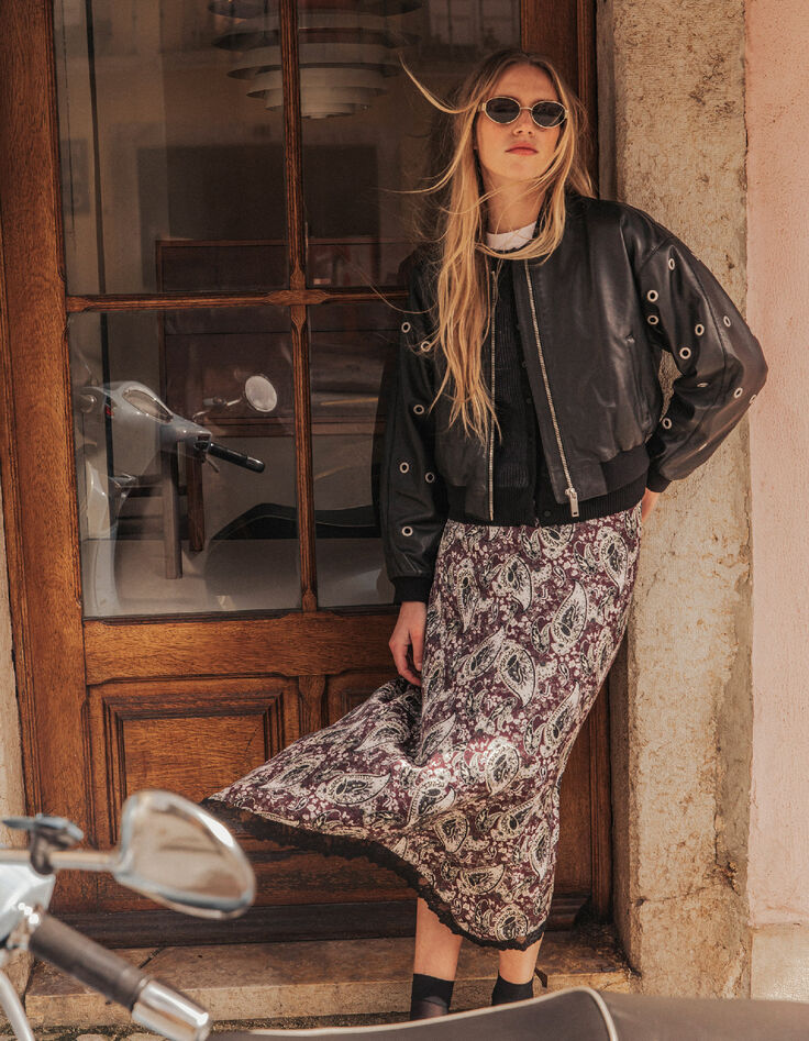 Schwarzer Lederbomber Damen maxi &Ouml;sen-Design-5