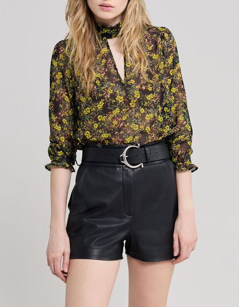 Schwarze Recycling-Damenbluse mit Leo-Blumenprint - IKKS