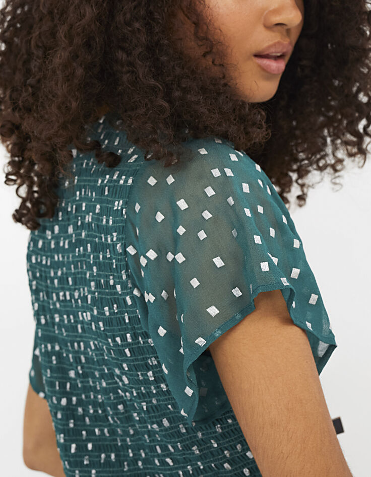 Vestido verde estampado cuadros plata con smocks I.Code-4