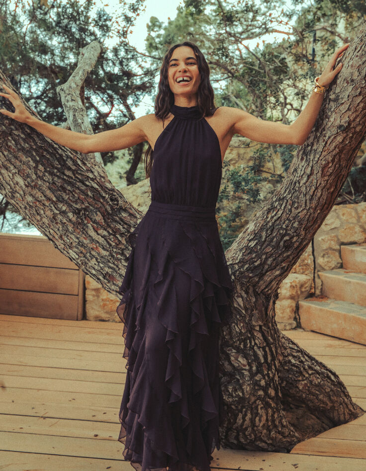 Samtiges burgunderfarbenes langes Kleid mit R&uuml;schen Damen-7