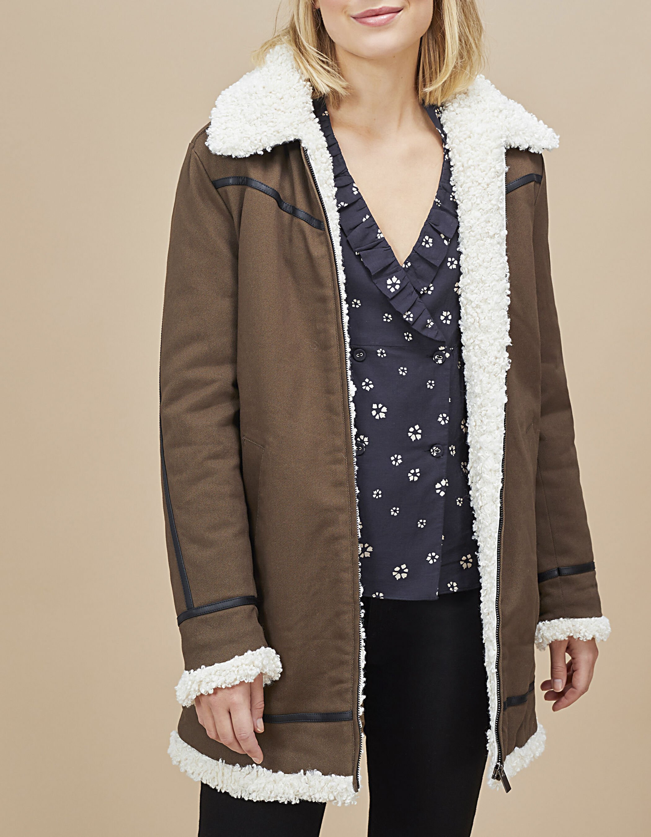 I.Code khaki fur lined aviator style parka