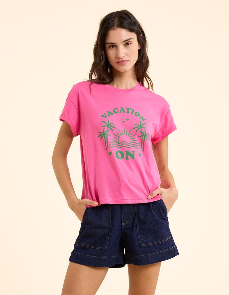 Camiseta rosa con mensaje visual de palmera I.Code-3 Camiseta rosa con mensaje visual de palmera I.Code-3