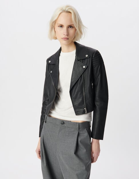 Blouson court noir cuir &eacute;paules matelass&eacute;es Femme - IKKS