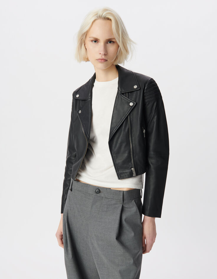 Blouson court noir cuir &eacute;paules matelass&eacute;es Femme-2