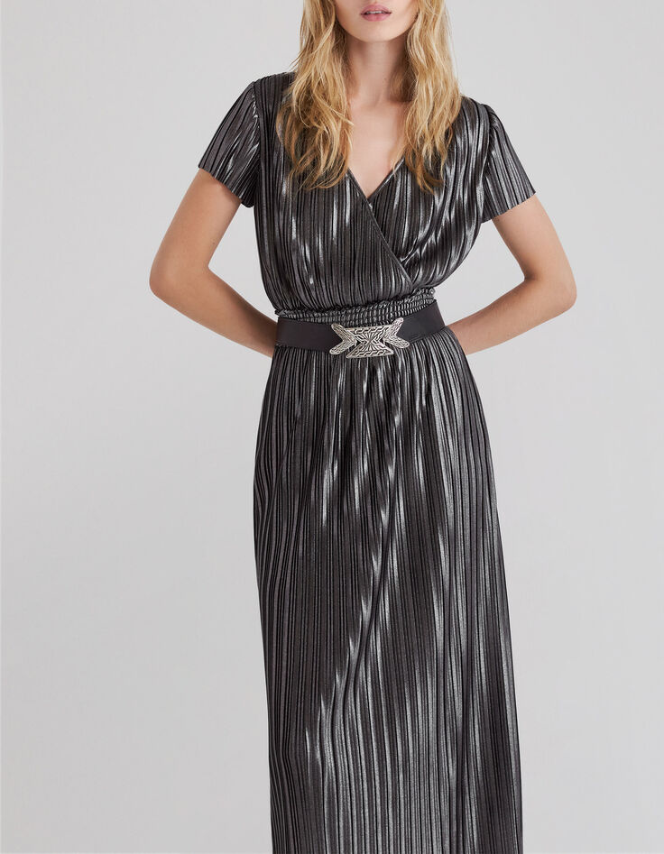 Langes silbernes Damen-Plisseekleid-2