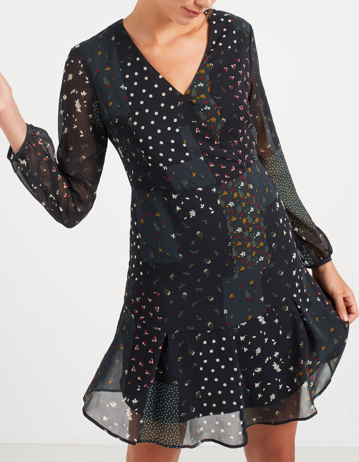 Vestido negro estampado patchwork I.Code-1 Vestido negro estampado patchwork I.Code-1