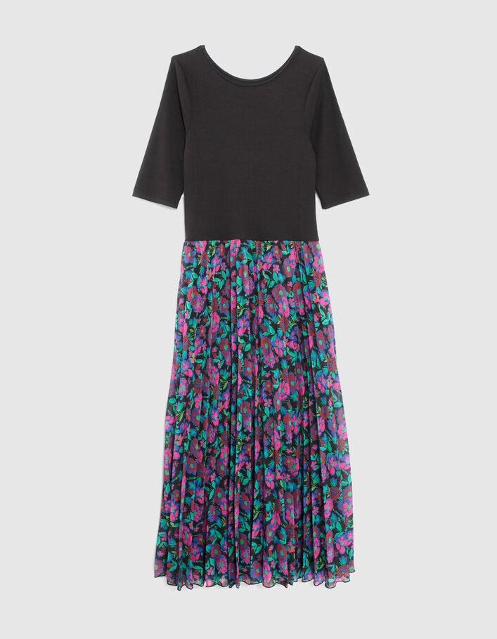 I.Code black pleated long dress with colour floral print - I.CODE