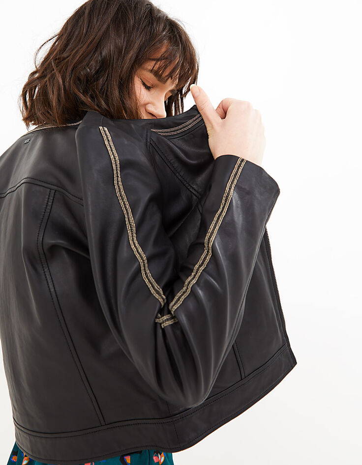 Chaqueta de cuero negra con galones microcadenas I.Code-1 Chaqueta de cuero negra con galones microcadenas I.Code-1