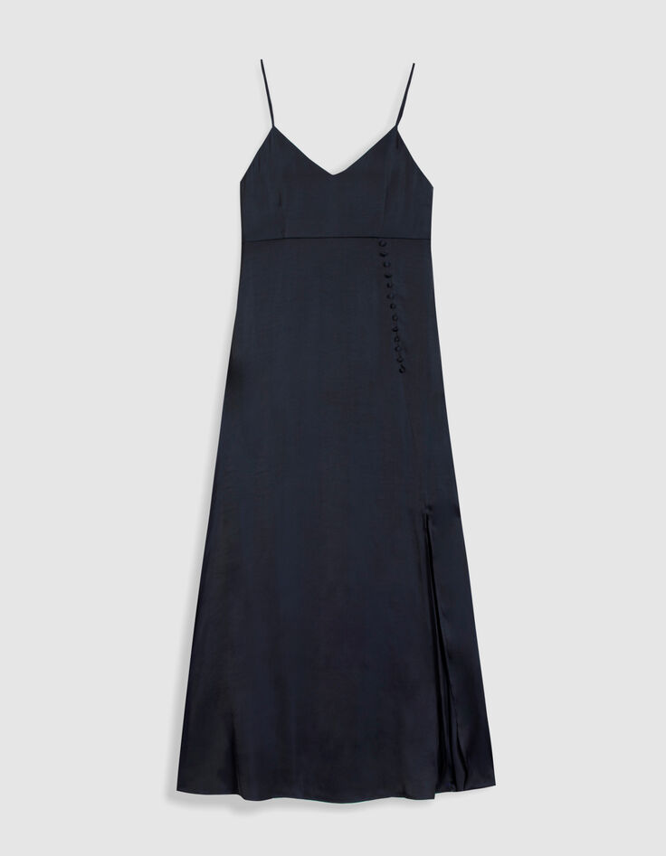 Marineblaues langes Kleid f&uuml;r Damen mit d&uuml;nnen Riemen und Knopfleiste-6