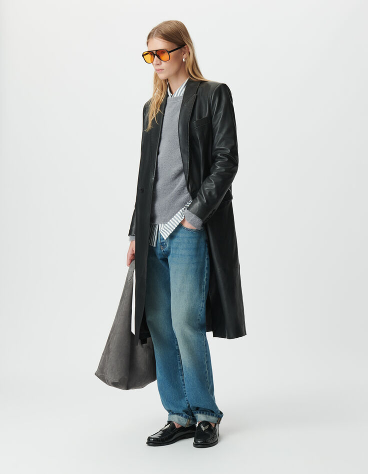 Schwarzer, langer Oversize-Damenledermantel-3