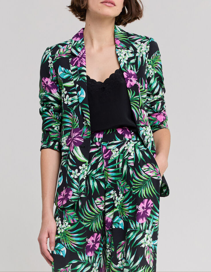 Schwarzer Damenblazer mit tropischem Print-2
