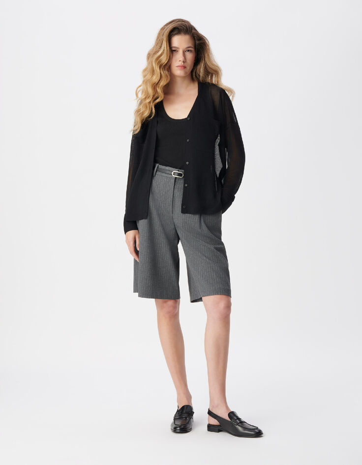 Black long-sleeved cardigan with knit pockets for women-1