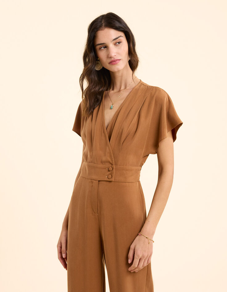 Wijde camel jumpsuit met brede wikkelkraag I.Code-4
