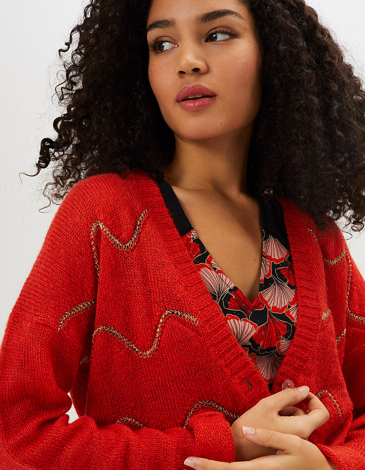 Mohnrote gestreifte Mohair-Strickjacke I.Code-4