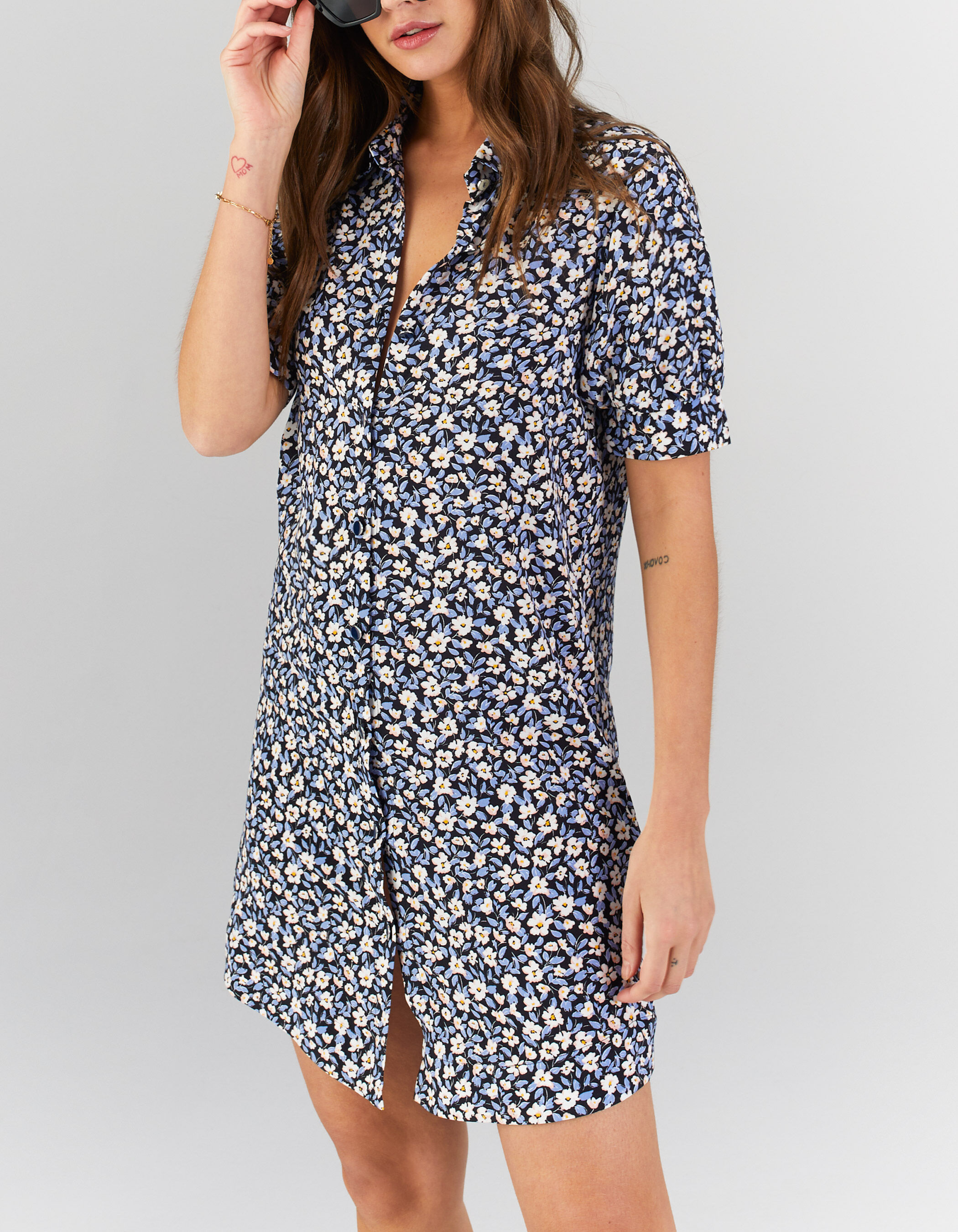 Robe chemise cobalt imprime mini fleurs I.Code