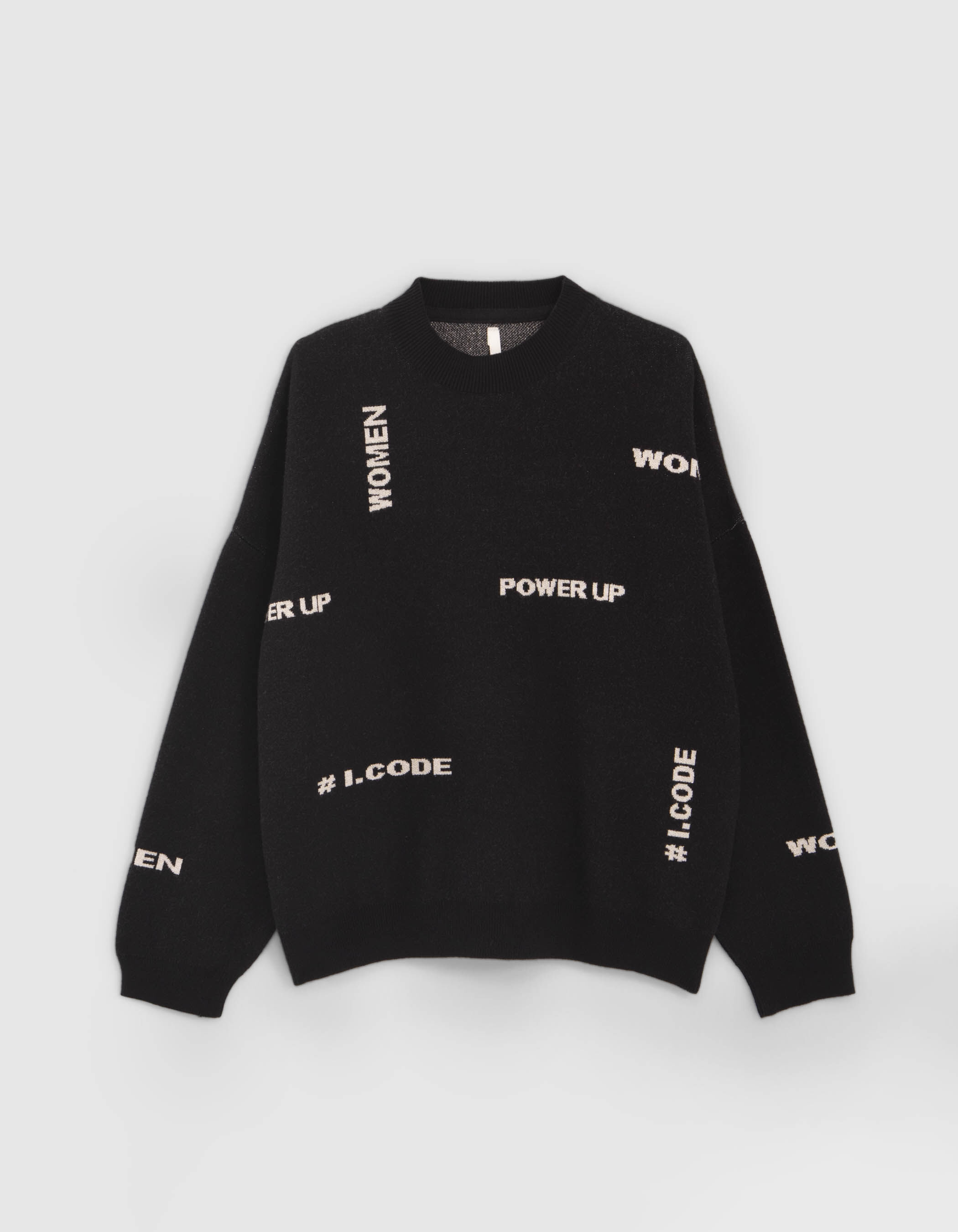 I.Code black jacquard knit slogan sweater
