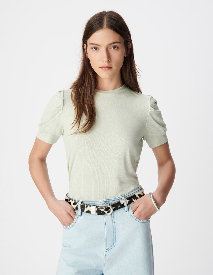 Gr&uuml;nes paillettenbesetztes Damen-Rundhalsausschnitt-T-Shirt mit gerafften &Auml;rmeln-2