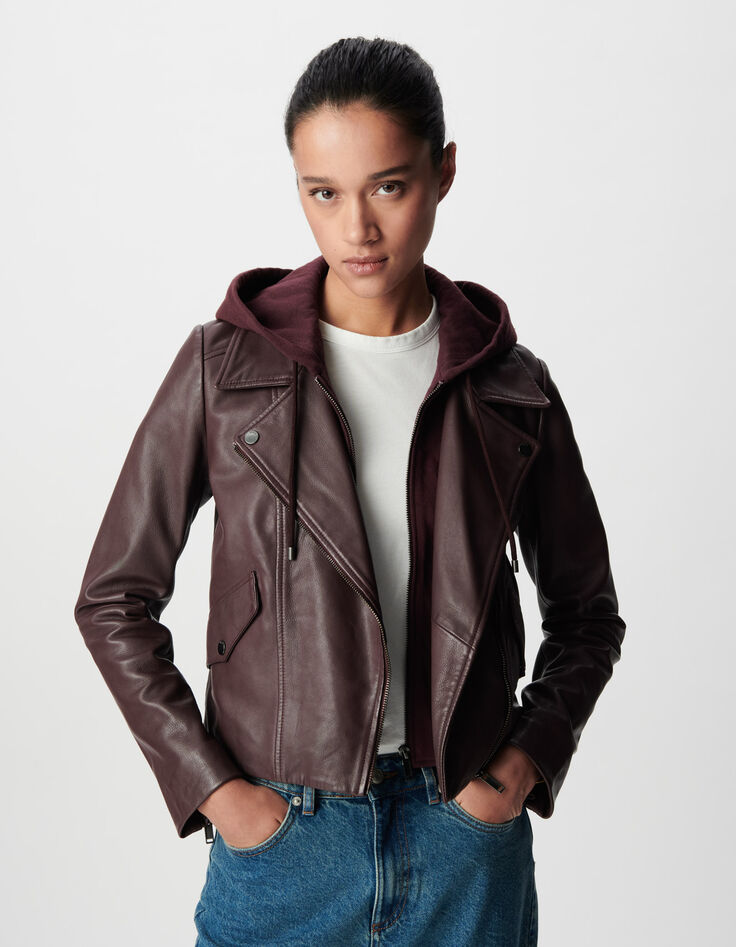 Veste cuir bordeaux esprit motard capuche amovible Femme-3