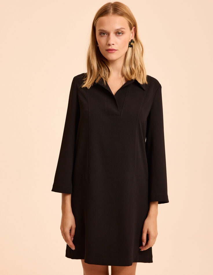 Schwarzes Langarmkleid Kentkragen I.Code-2