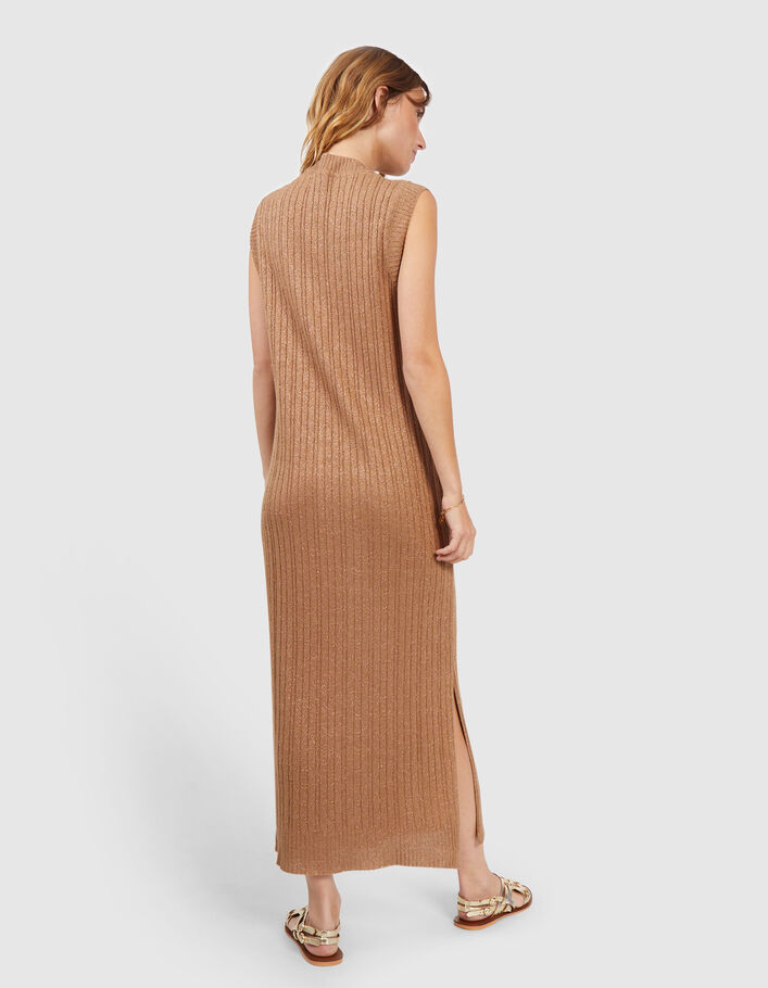 Lange zandkleurige tricot jurk kabels lurex I.Code - I.CODE