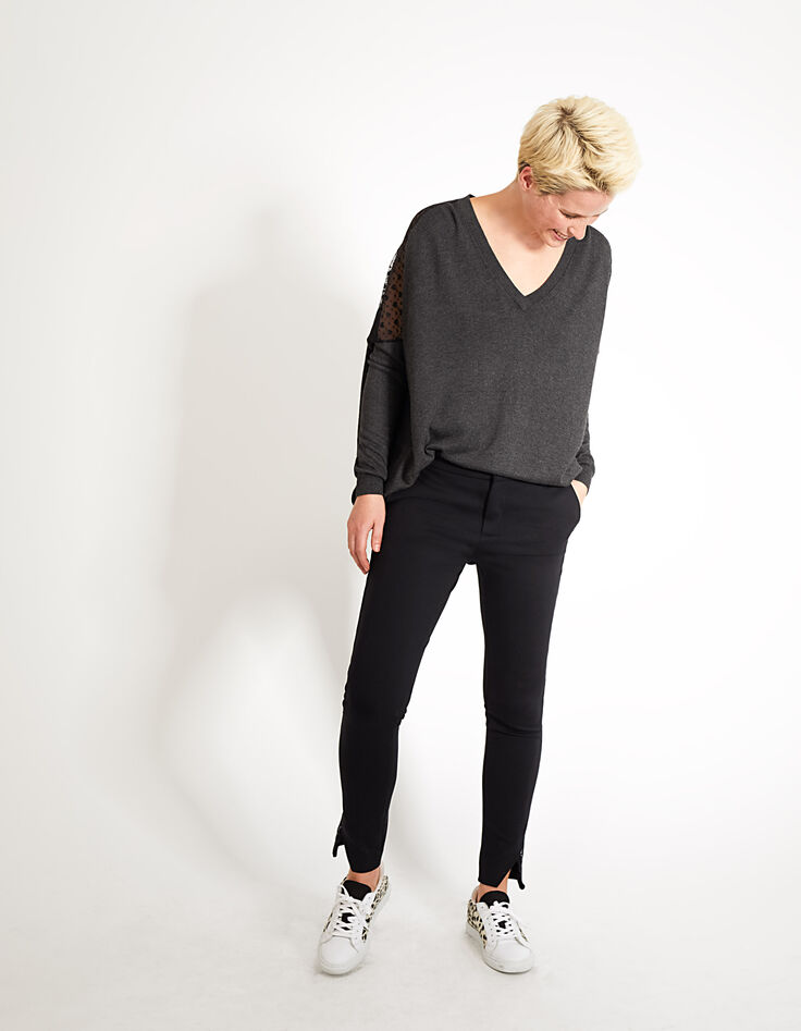 Grauer Cape-Pullover, schwarzer Mesh-Rücken mit Herzen I.Code-6