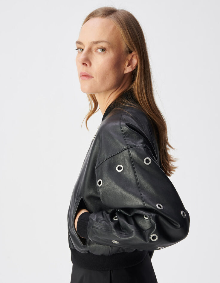 Schwarzer Lederbomber Damen maxi &Ouml;sen-Design-3