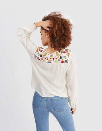 I.Code ecru blouse with embroidery on shoulders and back